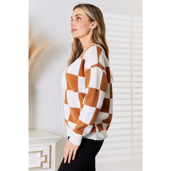 DOUBLE TAKE Camel White Checked V-Neck Dropped Shoulder Cardigan Sweater Small - Picture 4 of 10